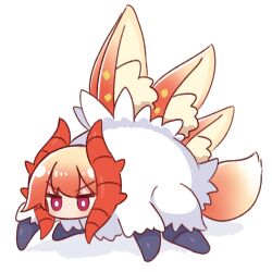 Rule 34 | 1girl, animal ear fluff, animal ears, blonde hair, character request, check character, creatures (company), fox ears, fox tail, full body, fusion, game freak, gradient hair, highres, horns, kemomimi-chan (naga u), multicolored hair, naga u, nintendo, original, pokemon, pokemon (creature), purple eyes, red hair, shadow, simple background, slither wing, solo, tail, v-shaped eyebrows, white background