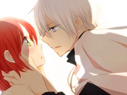 Rule 34 | 1boy, 1girl, akagami no shirayukihime, blue eyes, blush, cape, commentary request, green eyes, hands on another&#039;s face, high collar, long sleeves, open mouth, partial commentary, red hair, shirayuki (akagami no shirayukihime), short hair, tsukimori usako, white background, white cape, white hair, zen wistalia