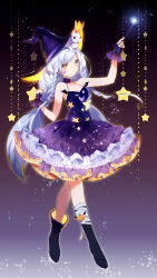 Rule 34 | 1girl, bare shoulders, blue hair, braid, dress, fingerless gloves, full body, gloves, halloween, halterneck, hat, highres, hmniao, light blue hair, long hair, looking at viewer, original, rabbit, smile, solo, star (symbol), star print, twin braids, very long hair, wand, witch hat, yellow eyes