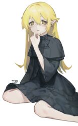 1girl black_dress blonde_hair capelet cross cross_earrings dress earrings expressionless fang flipped_hair hair_between_eyes hair_flaps jewelry long_hair looking_at_viewer monogatari_(series) nail_polish oshino_shinobu pointy_ears ring signature simple_background sitting solo three-quarter_sleeves tsurami96 wariza white_background yellow_eyes