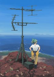 Rule 34 | 1girl, antennae, black footwear, boots, bow, clear sky, cliff, from behind, full body, green bow, green hair, hair bow, hands on own hips, highres, kantai collection, looking to the side, ocean, orange pants, outdoors, pants, ponytail, scenery, shirt, sky, solo, standing, t-shirt, vent arbre, white shirt, yuubari (kancolle)