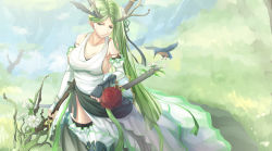Rule 34 | 1girl, antlers, armor, bare shoulders, bird, breasts, collarbone, dress, elbow gloves, fingerless gloves, flower, gloves, greaves, green eyes, green hair, highres, horns, kikivi, large breasts, long hair, original, outdoors, pointy ears, solo, standing, sword, thighhighs, weapon