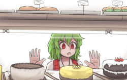 Rule 34 | 1girl, against glass, cake, collared shirt, drooling, food, food request, green hair, indoors, kazami yuuka, long sleeves, mata (matasoup), red eyes, red vest, shirt, short hair, solo, staring, touhou, vest, white shirt, wide-eyed