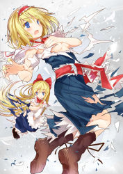 Rule 34 | 1girl, alice margatroid, apron, blonde hair, blue dress, blue eyes, blush, boots, breasts, brown footwear, capelet, covering privates, covering breasts, doll, doll joints, dress, dress tug, efe, female focus, from side, gradient background, hair between eyes, hair ribbon, hairband, joints, long hair, looking at viewer, looking back, md5 mismatch, reaching, reaching towards viewer, resolution mismatch, ribbon, shanghai doll, short hair, small breasts, solo, source smaller, torn clothes, torn sleeves, touhou, waist apron