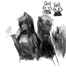 Rule 34 | 2girls, animal ear fluff, animal ears, arknights, bad id, bad pixiv id, between fingers, breasts, chihuri, cigarette, cropped torso, ear piercing, hair between eyes, hand up, holding, holding cigarette, jacket, lappland (arknights), medium breasts, monochrome, multiple girls, open clothes, open jacket, parted lips, piercing, red pupils, short hair, simple background, smile, smoke, spot color, texas (arknights), upper body, white background