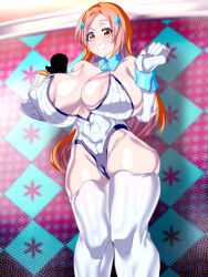 Rule 34 | 1girl, areola slip, artist request, bleach, bleach: sennen kessen-hen, breasts, cameltoe, covered erect nipples, huge breasts, inoue orihime, large breasts, leotard, orange hair, solo, standing, tagme, thighhighs, tray
