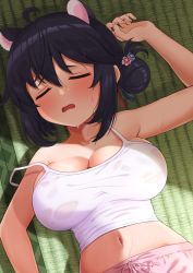 Rule 34 | 1girl, animal ear fluff, animal ears, bare arms, bare shoulders, black hair, blouse, blue archive, blush, breasts, camisole, cleavage, closed eyes, collarbone, day, flower, hair between eyes, hair bun, hair flower, hair ornament, highres, hot, kaede (blue archive), large breasts, lying, midriff, navel, on back, on floor, open mouth, oppai loli, pink flower, see-through, see-through camisole, shirt, short hair, shorts, single hair bun, sleeping, sleeveless, solo, sonao, strap slip, sweat, tank top, tatami, wet, white shirt