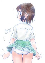 Rule 34 | 1girl, ayase fuuka, blush, brown eyes, brown hair, clothes lift, collared shirt, commentary request, cowboy shot, eyebrows, graphite (medium), green skirt, looking at viewer, looking back, miniskirt, panties, pantyshot, peacock (p-location), pleated skirt, school uniform, shirt, short hair, signature, sketch, skirt, solo, standing, thick eyebrows, traditional media, underwear, white panties, white shirt, yotsubato!