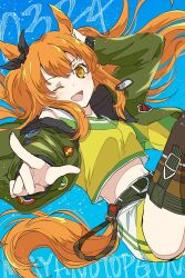Rule 34 | 1girl, animal ears, belt, blue background, bomber jacket, bow, breasts, brown thighhighs, character name, crop top, dated, ear bow, green jacket, hand in own hair, highres, horse ears, horse girl, horse tail, jacket, long hair, long sleeves, looking at viewer, mayano top gun (umamusume), midriff, mimi (usausamm5), navel, one eye closed, open clothes, open jacket, open mouth, orange hair, outstretched arm, pointing, pointing at viewer, short shorts, shorts, small breasts, smile, solo, tail, tank top, thighhighs, umamusume, white shorts, yellow eyes