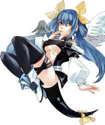 Rule 34 | absurdres, angel wings, asymmetrical wings, bare shoulders, belt, black thighhighs, blue hair, breasts, center opening, choker, detached sleeves, dizzy (guilty gear), full body, guilty gear, guilty gear x, guilty gear xx, hair between eyes, hair rings, high heels, highres, long hair, long sleeves, looking at viewer, medium breasts, midriff, monster girl, nishimoto, off shoulder, puffy long sleeves, puffy sleeves, red eyes, ribbon, shaded face, tail, tail ornament, tail ribbon, thick thighs, thigh strap, thighhighs, thighs, twintails, underboob, white footwear, wings