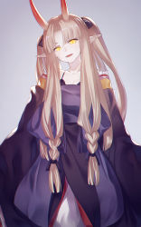 Rule 34 | 1girl, black bra, blonde hair, borrowed character, bra, braid, collarbone, commentary request, fangs, gradient background, grey background, hair ribbon, head tilt, highres, horns, ibuki notsu, japanese clothes, long hair, looking at viewer, looking down, multicolored clothes, oni horns, open mouth, original, orochi (yagi), parted lips, pointy ears, ribbon, ribbon hair, scales, simple background, slit pupils, smile, solo, twin braids, twintails, underwear, yellow eyes