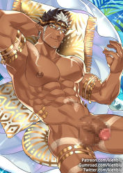 Rule 34 | 1boy, abs, arm tattoo, bara, beard, brown hair, censored, cowboy shot, dark-skinned male, dark skin, facial hair, flaccid, jewelry, kienbiu, large pectorals, long sideburns, looking at viewer, male focus, manly, mosaic censoring, multicolored hair, muscular, nipples, paid reward available, pectorals, penis, sideburns, smile, snake, solo, sparkle, stomach tattoo, tangaroa (housamo), tattoo, tokyo houkago summoners, upper body, white hair, yellow eyes