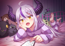 Rule 34 | 1girl, barefoot, bed, black horns, cellphone, crow (la+ darknesss), fangs, hair between eyes, highres, hololive, horns, la+ darknesss, long hair, lying, marugoshi (54burger), multicolored hair, on bed, on stomach, open mouth, pajamas, phone, pointy ears, purple hair, streaked hair, striped clothes, striped horns, striped pajamas, stuffed animal, stuffed toy, virtual youtuber, white hair, yellow eyes