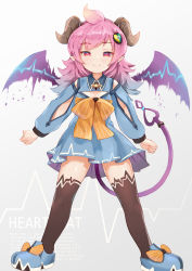 Rule 34 | 1girl, absurdres, bell, blue dress, blue footwear, blue hair, blush, bow, breasts, brown bow, brown thighhighs, cardiogram, closed mouth, collared dress, curled horns, demon girl, demon horns, demon tail, demon wings, dress, full body, gradient background, gradient hair, grey background, hair ornament, highres, horns, jingle bell, kobi (piliheros2000), long hair, long sleeves, multicolored hair, original, pink hair, pleated dress, pointy ears, puffy long sleeves, puffy sleeves, purple wings, red eyes, shoes, small breasts, smile, solo, standing, striped, striped bow, tail, thighhighs, wings