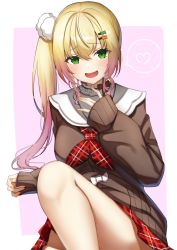 Rule 34 | 1girl, blonde hair, blush, breasts, brown sweater, commentary request, eyes visible through hair, gradient hair, green eyes, hair between eyes, hair ornament, heart, highres, hololive, long sleeves, looking at viewer, menmen (menmen13s), momosuzu nene, momosuzu nene (casual), multicolored hair, nail polish, neckerchief, open mouth, pink hair, plaid, plaid neckerchief, plaid neckwear, plaid skirt, pom pom (clothes), pom pom hair ornament, red neckerchief, red skirt, side ponytail, simple background, skirt, sleeves past wrists, smile, solo, spoken heart, sweater, virtual youtuber