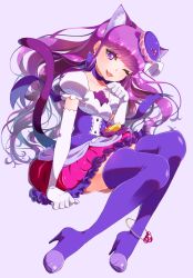 Rule 34 | 10s, 1girl, ;d, animal ears, anklet, boots, cat ears, cat tail, choker, cure macaron, elbow gloves, extra ears, food-themed hair ornament, frilled skirt, frills, gloves, hair ornament, highres, invisible chair, jewelry, kirakira precure a la mode, kotozume yukari, layered skirt, long hair, looking at viewer, magical girl, one eye closed, open mouth, paw pose, precure, purple eyes, purple footwear, purple hair, purple skirt, purple theme, sitting, skirt, smile, solo, tail, thigh boots, thighhighs, white gloves, yupiteru