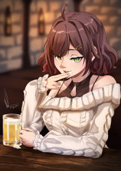 Rule 34 | 1girl, absurdres, alcohol, beer, beer mug, blurry, blurry background, breasts, brown hair, collarbone, cream, cream on face, cup, doyagao, eyebrows hidden by hair, food, food on face, fortissimo, green eyes, grey sweater, hair ornament, half-closed eyes, halterneck, highres, holding, holding cup, medium breasts, medium hair, miori celesta, miori celesta (2nd costume), mug, musical note, musical note hair ornament, off-shoulder sweater, off shoulder, smile, smug, solo, sweater, tagcaat, treble clef, tsunderia, virtual youtuber