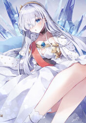 Rule 34 | 1girl, absurdres, anastasia (fate), asymmetrical bangs, black choker, blue eyes, blush, breasts, cape, choker, cleavage, cleavage cutout, clothing cutout, commentary, dress, embarrassed, fate/grand order, fate (series), grey hair, hair over one eye, hairband, highres, ice, jewelry, lace, lace choker, large breasts, long dress, long hair, misaki346, open mouth, pendant, solo, strapless, strapless dress, very long hair, white cape, white dress