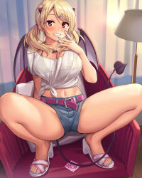 Rule 34 | 1girl, bare legs, belt, bikini, bikini under clothes, black bikini, blonde hair, blue nails, blue shorts, breasts, chair, cleavage, condom, condom wrapper, crop top, demon girl, demon tail, demon wings, denim, denim shorts, front-tie top, grin, gyaru, hair ornament, hairclip, halterneck, halterneck, hand up, highres, jewelry, lampshade, large breasts, long hair, looking at viewer, low twintails, midriff, nail polish, navel, necklace, original, pillow, red eyes, sandals, sawada yuusuke, see-through, shirt, short shorts, short sleeves, shorts, smile, solo, squatting, string bikini, swimsuit, tail, thighs, toenail polish, toenails, twintails, white shirt, wings