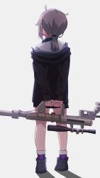 Rule 34 | 1girl, arms behind back, black footwear, black jacket, bolt action, brown hair, cheytac m200, commentary, facing away, from behind, full body, girls&#039; frontline, grey background, gun, highres, holding, holding gun, holding weapon, jacket, kuro kosyou, long hair, long sleeves, low ponytail, m200 (girls&#039; frontline), name connection, object namesake, off shoulder, ponytail, purple socks, rifle, shadow, shirt, shoes, sleeves past wrists, sniper rifle, socks, solo, weapon, white shirt