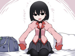 Rule 34 | 1girl, :d, bag, bed sheet, black eyes, black hair, black necktie, black pantyhose, black skirt, black undershirt, bob cut, commentary request, empty eyes, hammer (sunset beach), long sleeves, looking at viewer, monogatari (series), naoetsu high school uniform, necktie, on bed, open mouth, oshino ougi, owarimonogatari, pantyhose, partial commentary, pillow, pink shirt, pleated skirt, pov, puffy sleeves, reaching, reaching towards viewer, school bag, school uniform, shirt, short hair, sitting, skirt, sleeves past fingers, sleeves past wrists, smile, solo, translated, turtleneck, white background