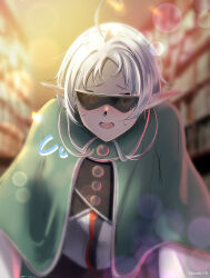 Rule 34 | 1girl, absurdres, blurry, blurry background, building, cloak, elf, evening, green cloak, highres, looking at viewer, mushoku tensei, open mouth, outdoors, pointy ears, red eyes, short hair, solo, sunglasses, sylphiette (mushoku tensei), town, white hair, yujin (kanouyuuto-0423)