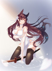 Rule 34 | 1girl, absurdres, animal ears, arm under breasts, atago (azur lane), azur lane, black hair, blush, boli shenshe, breasts, brown eyes, brown thighhighs, choker, cleavage, closed mouth, collarbone, commentary, dress, extra ears, groin, hair between eyes, hair ribbon, highres, holding, holding sword, holding weapon, katana, kneeling, large breasts, long hair, looking at viewer, mole, mole under eye, panties, pelvic curtain, petals, ribbon, ripples, sheath, sheathed, sidelocks, smile, solo, swept bangs, sword, thighhighs, underwear, weapon, white dress, white footwear, white panties, white ribbon
