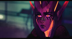Rule 34 | 1girl, alien, alternate skin color, bandaid, bandaid on face, bandaid on nose, bioluminescence, black hair, blade runner 2049, blurry, blurry background, cephalopod eyes, chymlaxi, close-up, colored sclera, colored skin, commentary, cyberpunk, depth of field, empty eyes, english commentary, facial mark, fur collar, glowing, goslingposting (meme), highres, horns, lips, long hair, long pointy ears, movie reference, natyss (nyuunzi), nose, nyuunzi, orange eyes, pink sclera, pointy ears, portrait, purple skin, scene reference, solo, xenosexual