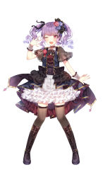 Rule 34 | 1girl, ;d, bang dream!, black bow, black bowtie, black choker, black footwear, black ribbon, black thighhighs, blue flower, blue rose, blush, boots, bow, bowtie, choker, collared dress, corsage, corset, dress, flower, frilled dress, frills, full body, hair ribbon, hand on own chest, hand up, highres, knee boots, one eye closed, open mouth, overskirt, purple hair, red eyes, red flower, red rose, ribbon, rose, see-through, see-through sleeves, short sleeves, simple background, smile, solo, standing, taya oco, thighhighs, twintails, udagawa ako, white background, wrist cuffs