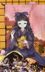 Rule 34 | 1990s (style), 1girl, ^ ^, absurdres, black hair, blunt bangs, cardcaptor sakura, child, clamp, closed eyes, daidouji tomoyo, fabric, highres, japanese clothes, kimono, official art, retro artstyle, sewing, sitting, solo, wavy hair