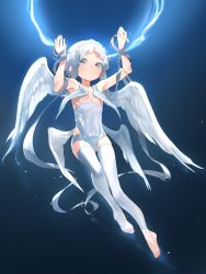 Rule 34 | 1girl, angel, angel wings, bare shoulders, child, djheycha, feathered wings, feathers, halo, highres, low wings, multiple wings, original, ribbon, short hair, simple background, solo, white eyes, white hair, white legwear, white wings, wings