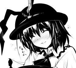 Rule 34 | 1girl, ^ ^, ai takurou, blush, capelet, closed eyes, drunk, fang, female focus, greyscale, hat, hat ribbon, holding, lowres, monochrome, nagae iku, open mouth, ribbon, short hair, smile, solo, squeans, touhou, translation request