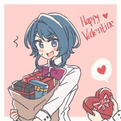 Rule 34 | 2girls, ^^^, aizawa kazuha, akamirai, assault lily, bag, blue eyes, blue hair, blush, border, bow, bowtie, box, commentary, gift, gift box, happy valentine, heart, heart-shaped box, herensuge girls academy school uniform, holding, holding bag, holding box, jacket, long sleeves, looking at another, multiple girls, no pupils, open mouth, out of frame, outside border, pink background, pink bow, pink bowtie, school uniform, short hair, simple background, solo focus, speech bubble, spoken heart, sweatdrop, upper body, v-shaped eyebrows, valentine, white border, white jacket