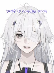 Rule 34 | 1girl, ahoge, bandage over one eye, commentary, d.k, english commentary, english text, grey eyes, grey hair, hair between eyes, hair ornament, hairclip, long hair, no.21: xxi (punishing: gray raven), no.21 (punishing: gray raven), one eye covered, parted lips, punishing: gray raven, solo, suspenders, teeth, upper teeth only, white background