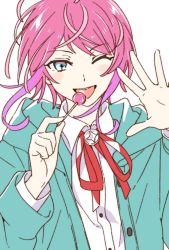 Rule 34 | 1boy, amemura ramuda, blue eyes, candy, food, highres, hypnosis mic, jacket, lollipop, looking at viewer, male focus, namori, pink hair, simple background, solo, white background