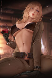 Rule 34 | 1boy, 1girl, artist name, bikini, bikini under clothes, black bikini, black gloves, blonde hair, blue eyes, blurry, blurry background, breasts, cup, drinking glass, eva (metal gear), girl on top, gloves, highres, holding, holding cup, large breasts, lips, long hair, looking at viewer, metal gear (series), metal gear solid 3: snake eater, navel, olchas, open jumpsuit, parted lips, patreon username, signature, sitting, solo focus, straddling, swimsuit, watch, wine glass, wristwatch, zipper pull tab
