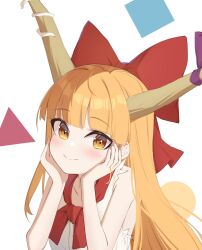 Rule 34 | 1girl, blush, bow, buttons, closed mouth, fang, flat chest, hair bow, highres, horns, ibuki suika, long hair, looking at viewer, oeyama, oni horns, orange eyes, orange hair, red bow, shirt, simple background, skin fang, smile, solo, torn clothes, torn sleeves, touhou, upper body, white background, white shirt