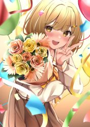 Rule 34 | 1girl, absurdres, animare, balloon, blonde hair, blush, bouquet, confetti, flower, highres, holding, holding bouquet, imsaibo3, inaba haneru (animare), long sleeves, looking at viewer, nanashi inc., open mouth, short hair, solo, v, virtual youtuber, yellow eyes