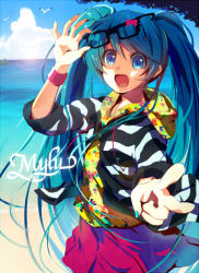 Rule 34 | 1girl, aqua hair, beach, bird, blue eyes, bracelet, cloud, day, glasses, hatsune miku, jewelry, k.ei, lens flare, long hair, open mouth, outdoors, solo, striped, twintails, v, very long hair, vocaloid, water