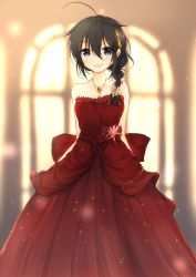 Rule 34 | 1girl, :d, absurdres, ahoge, bare shoulders, black hair, blue eyes, blurry, blurry background, blush, braid, breasts, collarbone, commentary request, dress, flower, gem, hair between eyes, hair flaps, hair flower, hair ornament, hair over shoulder, hairpin, highres, jewelry, kantai collection, long dress, long hair, medium breasts, open mouth, pendant, red dress, shigure (kancolle), shigure kai ni (kancolle), single braid, smile, solo, sparkle, standing, strapless, strapless dress, uzuki tsukuyo, window