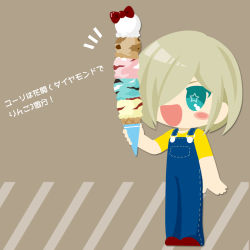 Rule 34 | 1boy, :d, blonde hair, blush stickers, bow, food, green eyes, hair over one eye, highres, ice cream, ice cream cone, kaorin minogue, male focus, open mouth, overalls, shirt, smile, star-shaped pupils, star (symbol), symbol-shaped pupils, t-shirt, too many, too many scoops, translation request, yuri!!! on ice, yuri plisetsky
