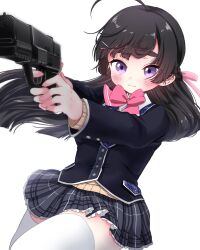 Rule 34 | :3, ahoge, aiming, black hair, black skirt, blush, bow, bowtie, collared shirt, commentary request, floating hair, gun, hair ribbon, half updo, handgun, highres, holding, holding gun, holding weapon, light smile, long hair, looking ahead, miniskirt, miwa (misui7d), nijisanji, outstretched arms, pink bow, pink bowtie, pink ribbon, plaid, plaid skirt, pleated skirt, purple eyes, raised eyebrows, ribbon, school uniform, shirt, simple background, skirt, sweater, thick eyebrows, tsukino mito, tsukino mito (1st costume), two-handed, virtual youtuber, weapon, white background, yellow sweater