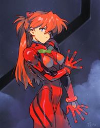 Rule 34 | 1girl, blue eyes, bodysuit, breasts, breasts apart, cowboy shot, expressionless, hair between eyes, long hair, looking at viewer, medium breasts, multicolored bodysuit, multicolored clothes, neon genesis evangelion, optionaltypo, orange hair, plugsuit, red bodysuit, shiny clothes, signature, solo, souryuu asuka langley, twintails