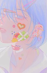 Rule 34 | 1girl, bandaid, bandaid on neck, blue eyes, blue hair, collarbone, collared shirt, colored eyelashes, expressionless, grey background, hair between eyes, hair ornament, hairclip, half-closed eyes, highres, looking at viewer, original, oxi206, parted lips, pink lips, portrait, shirt, short hair, simple background, solo, sticker on face, teeth, white shirt