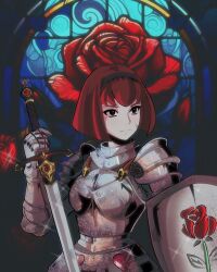 Rule 34 | 1girl, alternate costume, armor, armored dress, black hairband, bob cut, breastplate, cape, closed mouth, commentary, cowboy shot, english commentary, flower, gauntlets, gloves, hair ornament, hairband, highres, holding, holding sword, holding weapon, knight, megadeus mommy, pauldrons, r dorothy wayneright, red hair, rose, shield, short hair, shoulder armor, solo, stained glass, sword, the big o, upper body, weapon