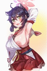 Rule 34 | 1girl, ahoge, animal ears, arm behind head, armpits, black hair, blue archive, blush, bow (bhp), breasts, cowboy shot, detached sleeves, hair between eyes, hakama, hakama skirt, halo, huge breasts, japanese clothes, kaede (blue archive), looking at viewer, nipples, one breast out, open mouth, oppai loli, red hakama, short hair, skirt, solo, sweat