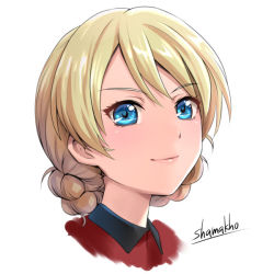 Rule 34 | 10s, 1girl, artist name, blonde hair, blue eyes, braid, closed mouth, cropped neck, darjeeling (girls und panzer), girls und panzer, jacket, looking at viewer, military, military uniform, portrait, red jacket, shamakho, short hair, simple background, smile, solo, st. gloriana&#039;s military uniform, twin braids, uniform, white background