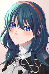 1girl absurdres blue_eyes blue_hair blush byleth_(female)_(fire_emblem) byleth_(fire_emblem) closed_mouth commentary_request fire_emblem fire_emblem:_three_houses garreg_mach_monastery_uniform hair_between_eyes hairband head_tilt highres lips looking_at_viewer nintendo orange_hairband pink_lips simple_background smile solo upper_body ushiroki