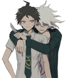 Rule 34 | 2boys, ahoge, arm around shoulder, brown eyes, brown hair, coat, collared shirt, commentary request, danganronpa (series), danganronpa 2: goodbye despair, green coat, grey background, grey hair, grey shirt, hinata hajime, holding, iumi urura, komaeda nagito, long sleeves, looking at another, male focus, messy hair, multiple boys, necktie, open mouth, print shirt, shirt, short sleeves, simple background, smile, spiked hair, sweat, upper body, weapon, white background