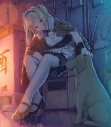 Rule 34 | 1girl, armlet, black footwear, black skirt, blonde hair, blue eyes, brown jacket, closed mouth, clothing cutout, crossed legs, dog, fangxiang cuoluan, full body, fur collar, headpat, heart cutout, jacket, jacket on shoulders, lens flare, long hair, looking at viewer, maid, maid headdress, mary janes, night, original, outdoors, pleated skirt, shoes, sitting, skirt, smile, solo, twintails, white legwear